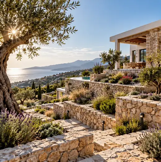 Landscaped outdoor spaces with stone terraces — illustrative image.